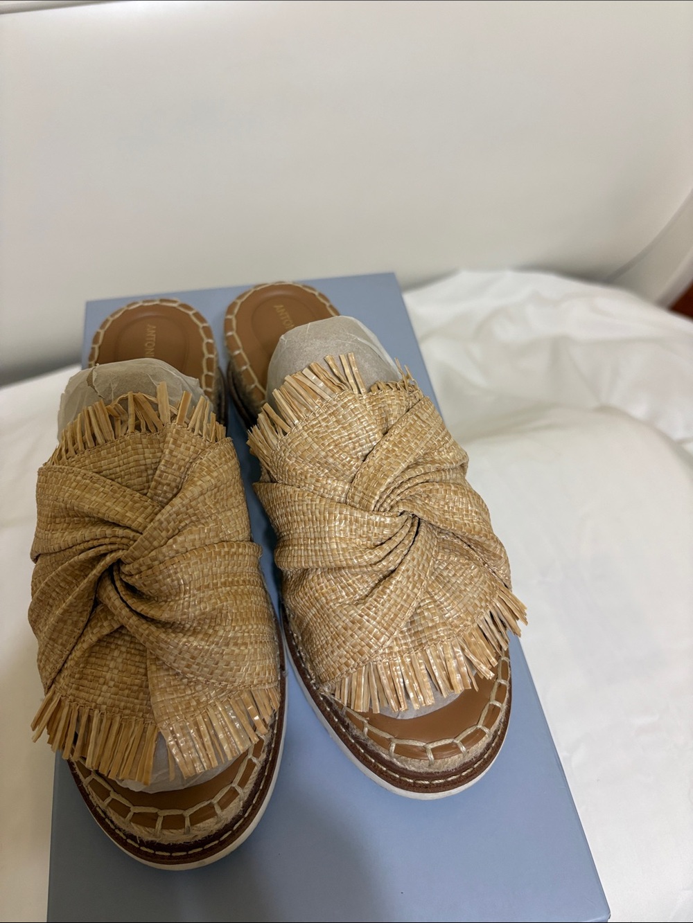 ANTONIO MELANI Natural Raffia Knot Slide Mules